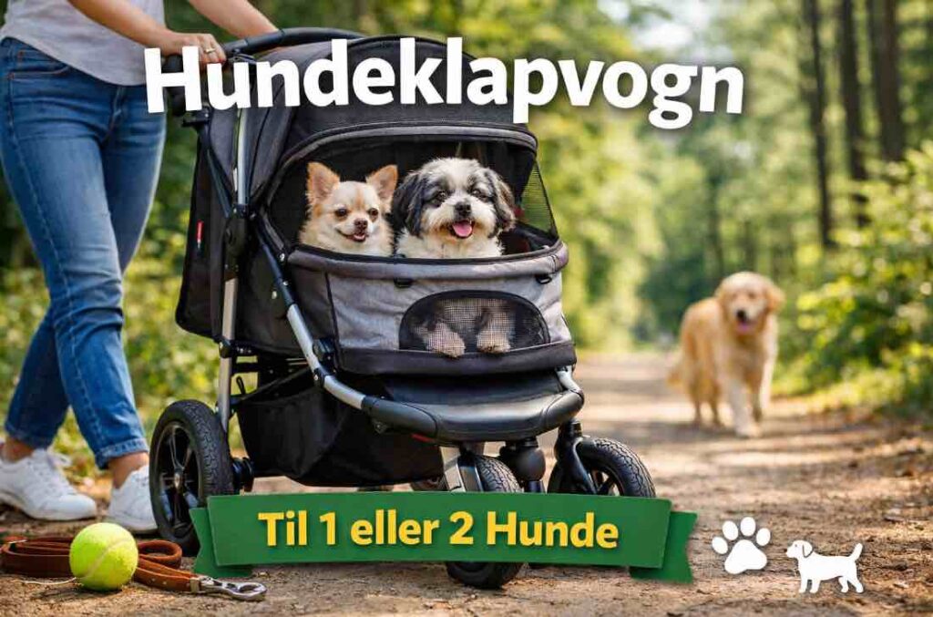 Hund der sidder i en hundeklapvogn på gåtur